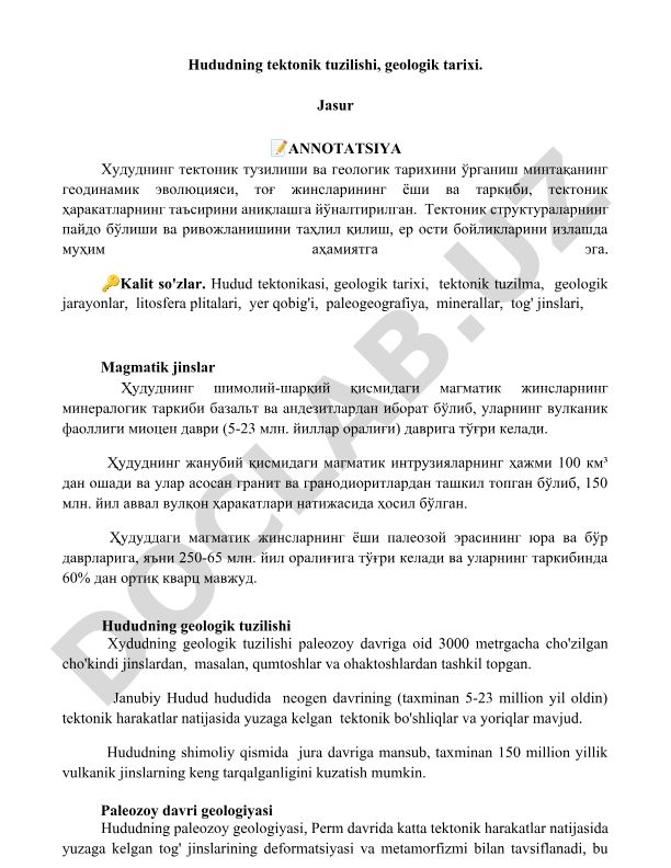 Hududning tektonik tuzilishi va geologik tarixi