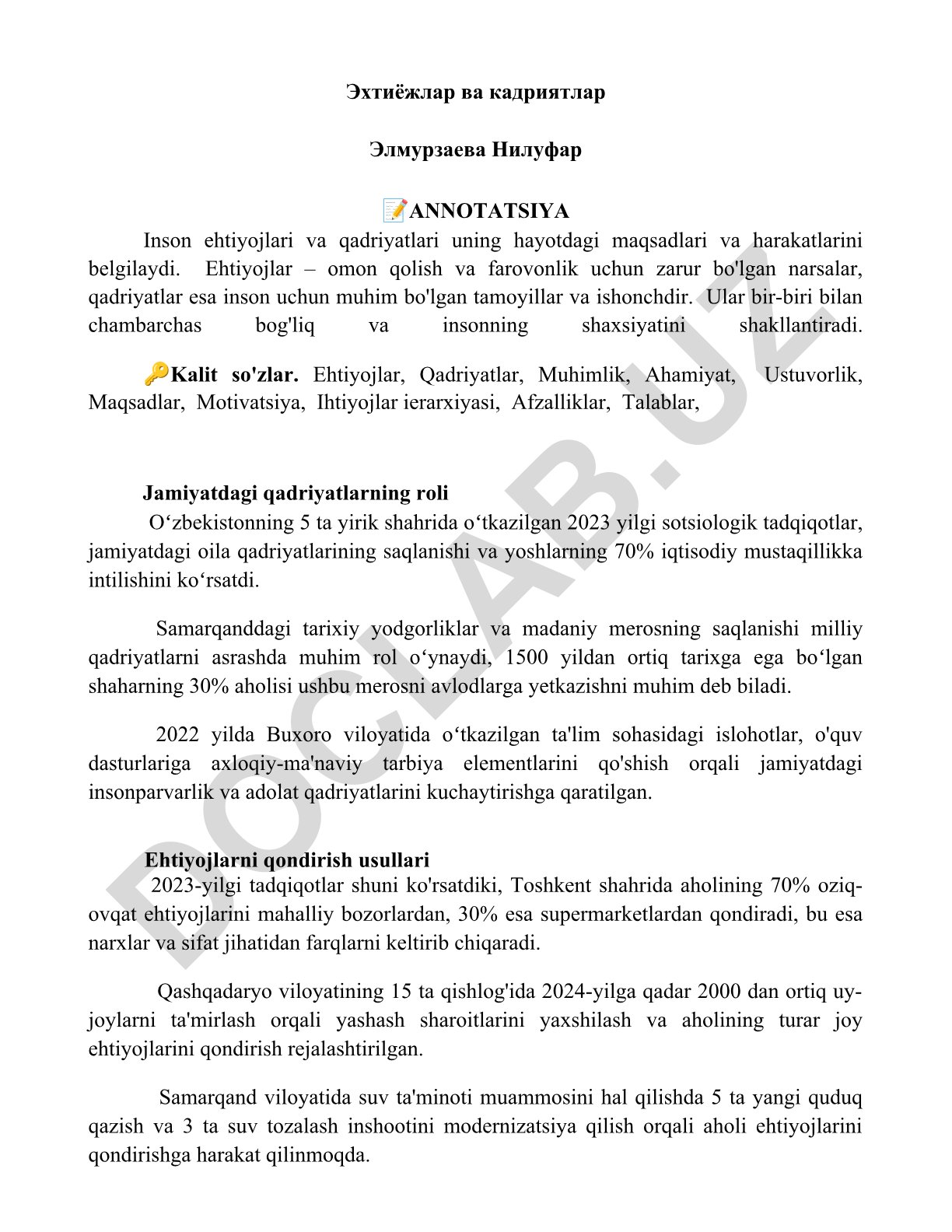 Inson ehtiyojlari va qadriyatlari