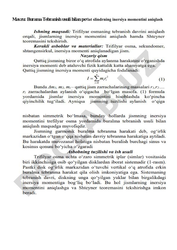 Burama Tebranish usuli bilan po‘lat slindrning inersiya momentini aniqlash