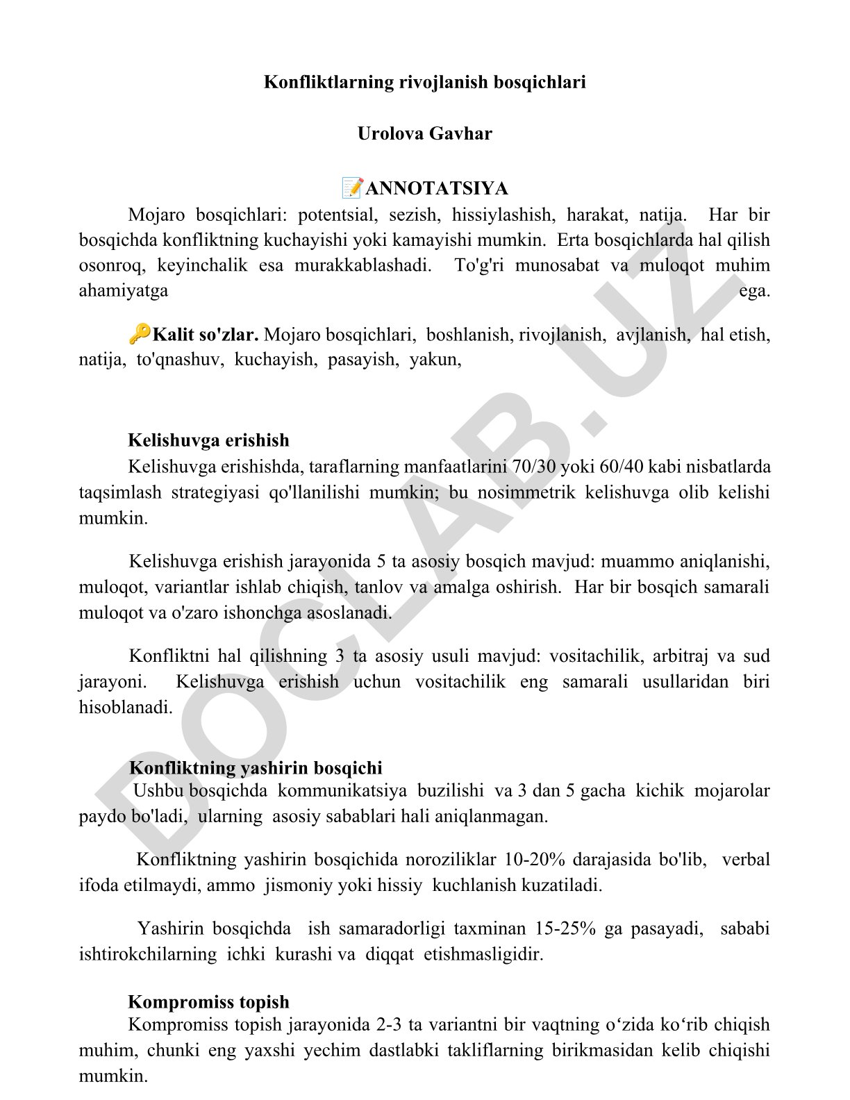 Konfliktlarning rivojlanish bosqichlari va hal qilish usullari