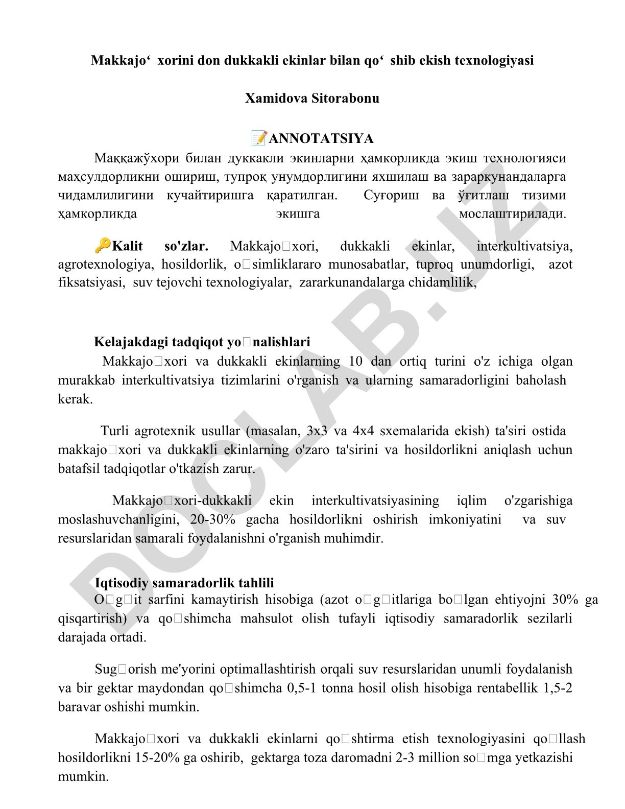 Makkajoʻxorini don dukkakli ekinlar bilan qoʻshib ekish texnologiyasi