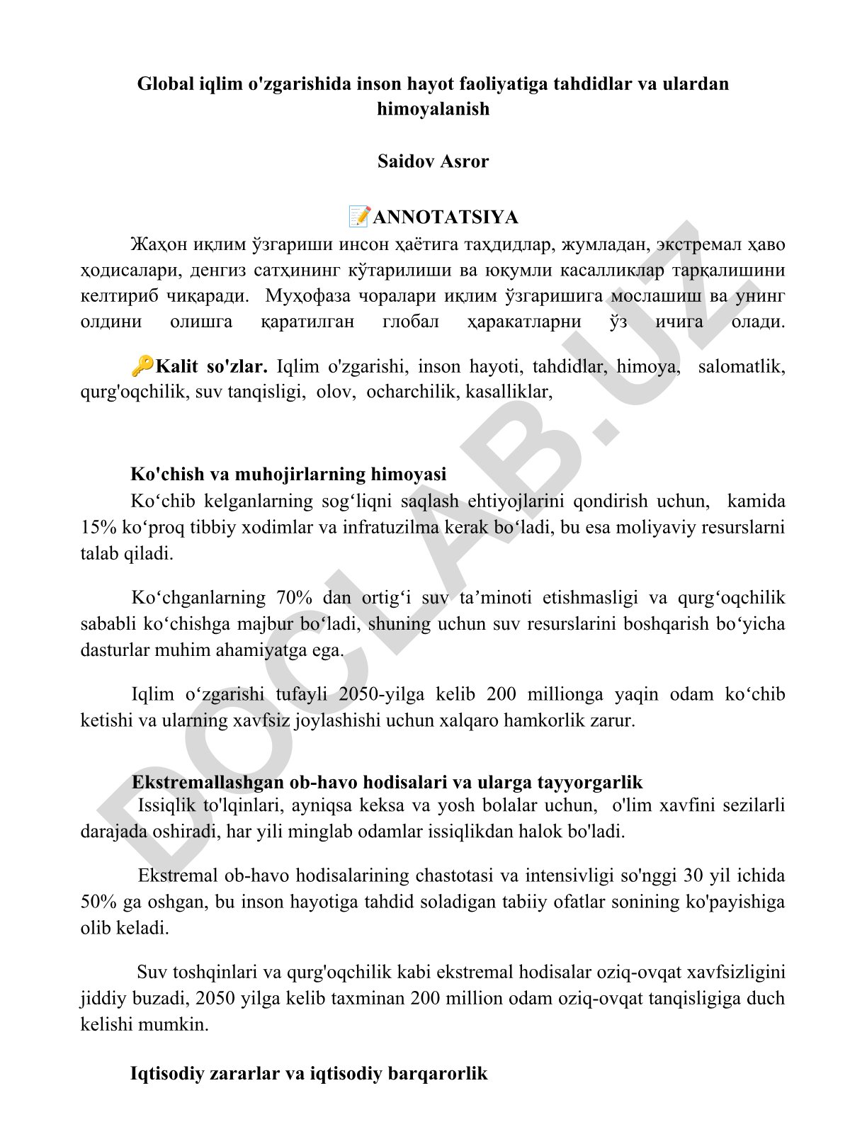 Global iqlim o'zgarishida inson hayotiga tahdidlar va himoya choralari