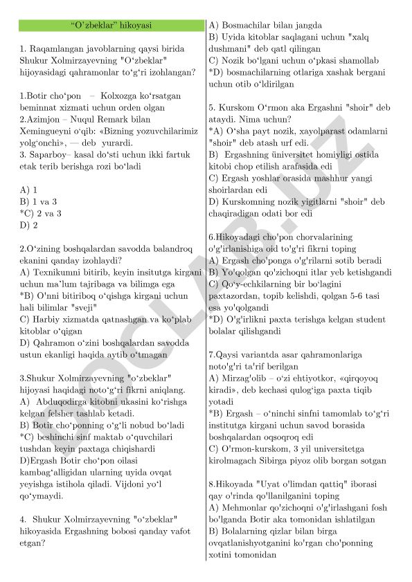 Shukur Xolmirzayevning "O'zbeklar" hikoyasi test savollari