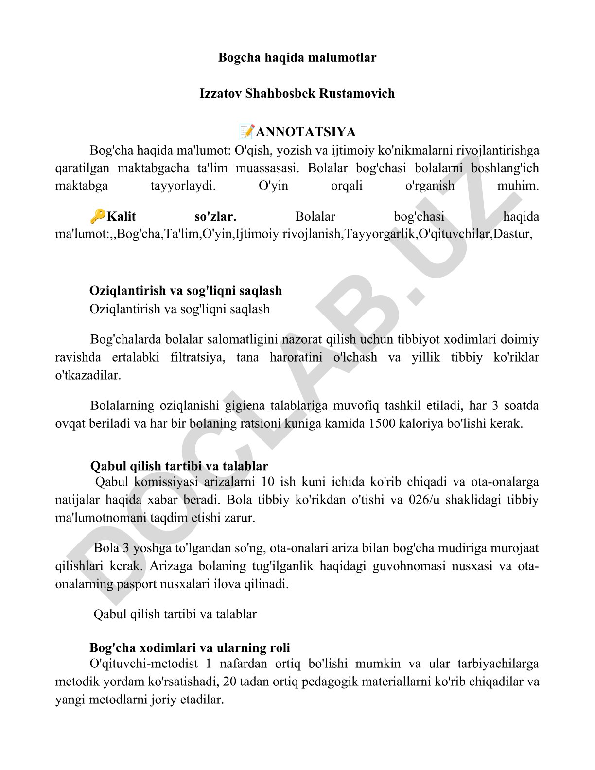 Bog'cha haqida ma'lumot: tayyorgarlik, o'qish va ijtimoiy rivojlanish