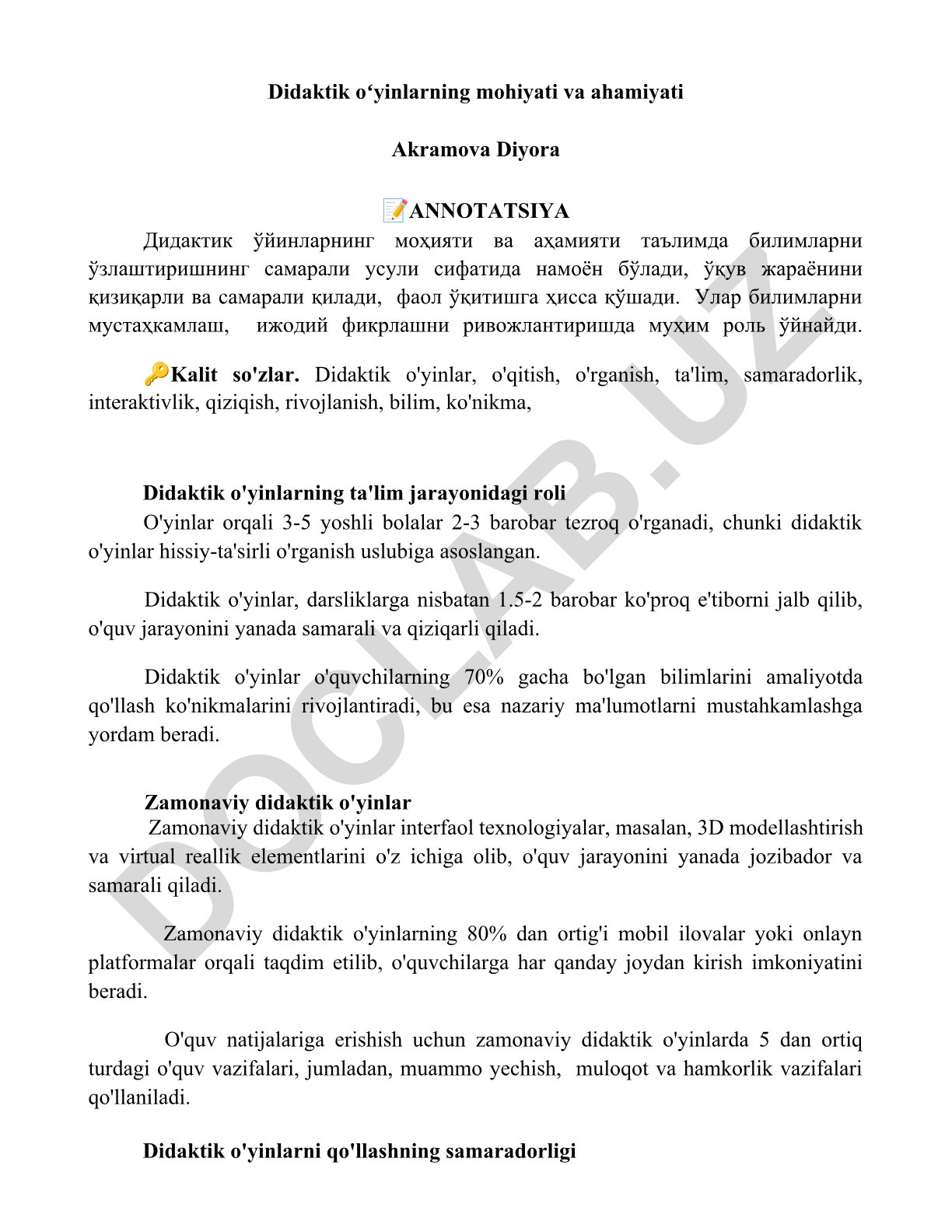 Didaktik o'yinlarning mohiyati, ahamiyati va ta'lim jarayonidagi roli