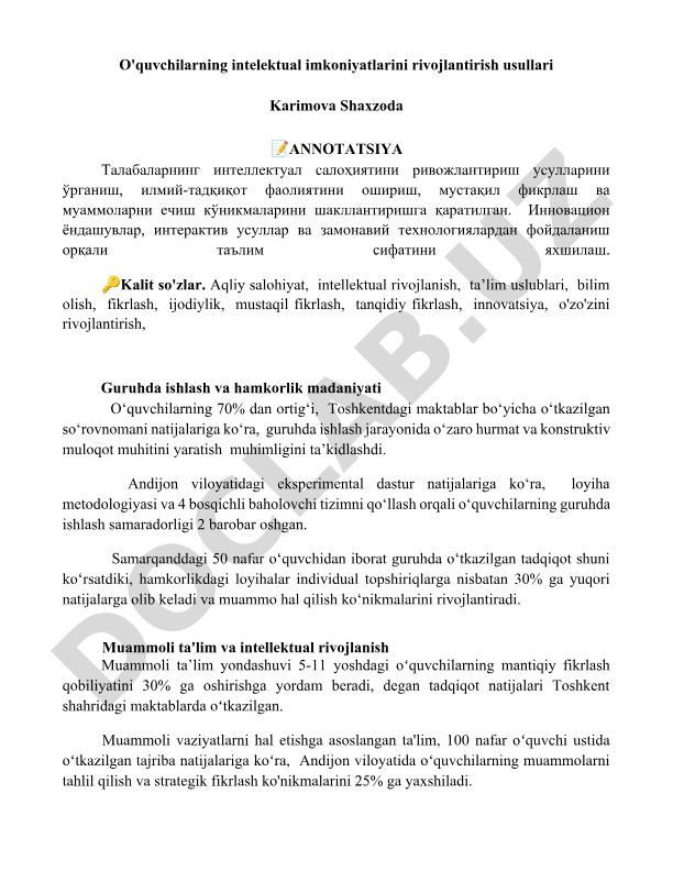O'quvchilarning intelektual imkoniyatlarini rivojlantirish usullari