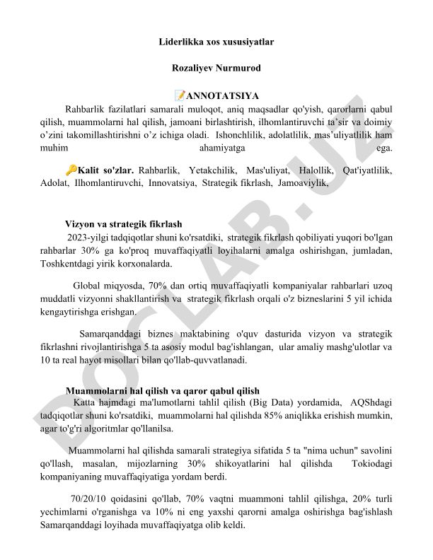 Liderlikka xos xususiyatlar