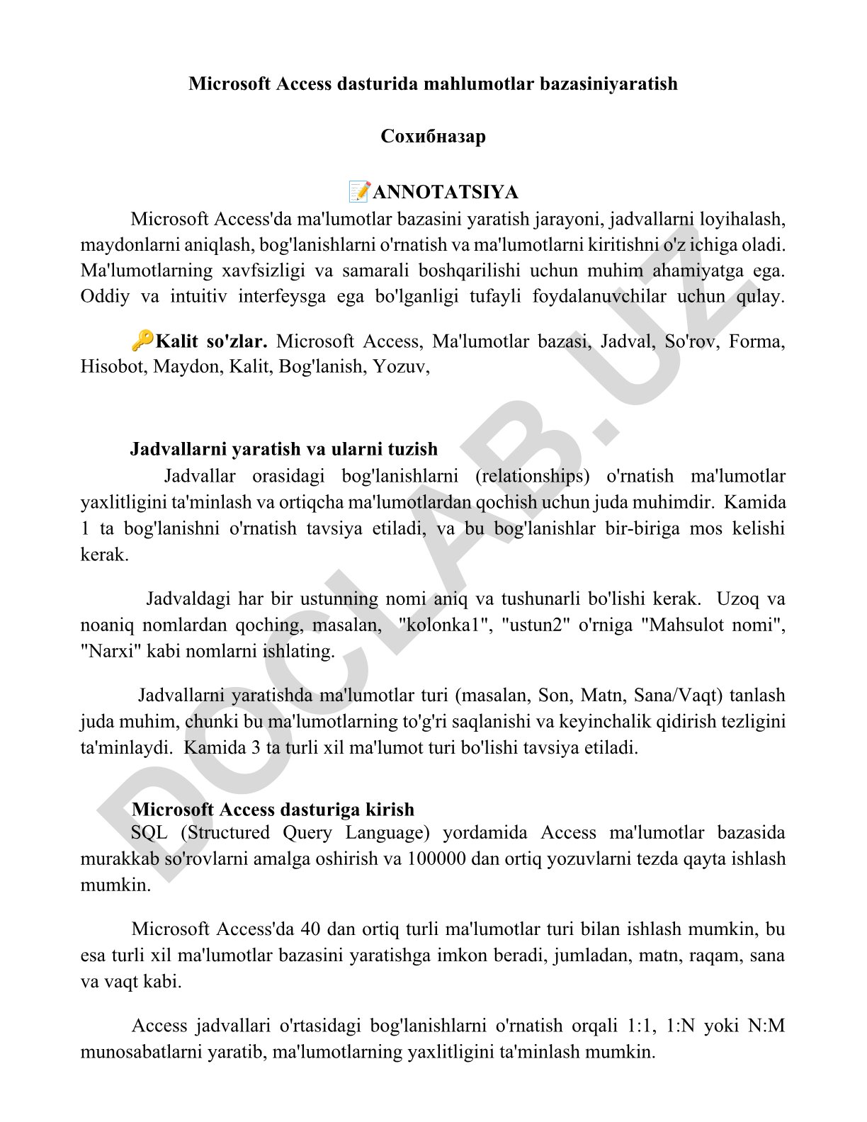 Microsoft Access dasturida ma'lumotlar bazasini yaratish