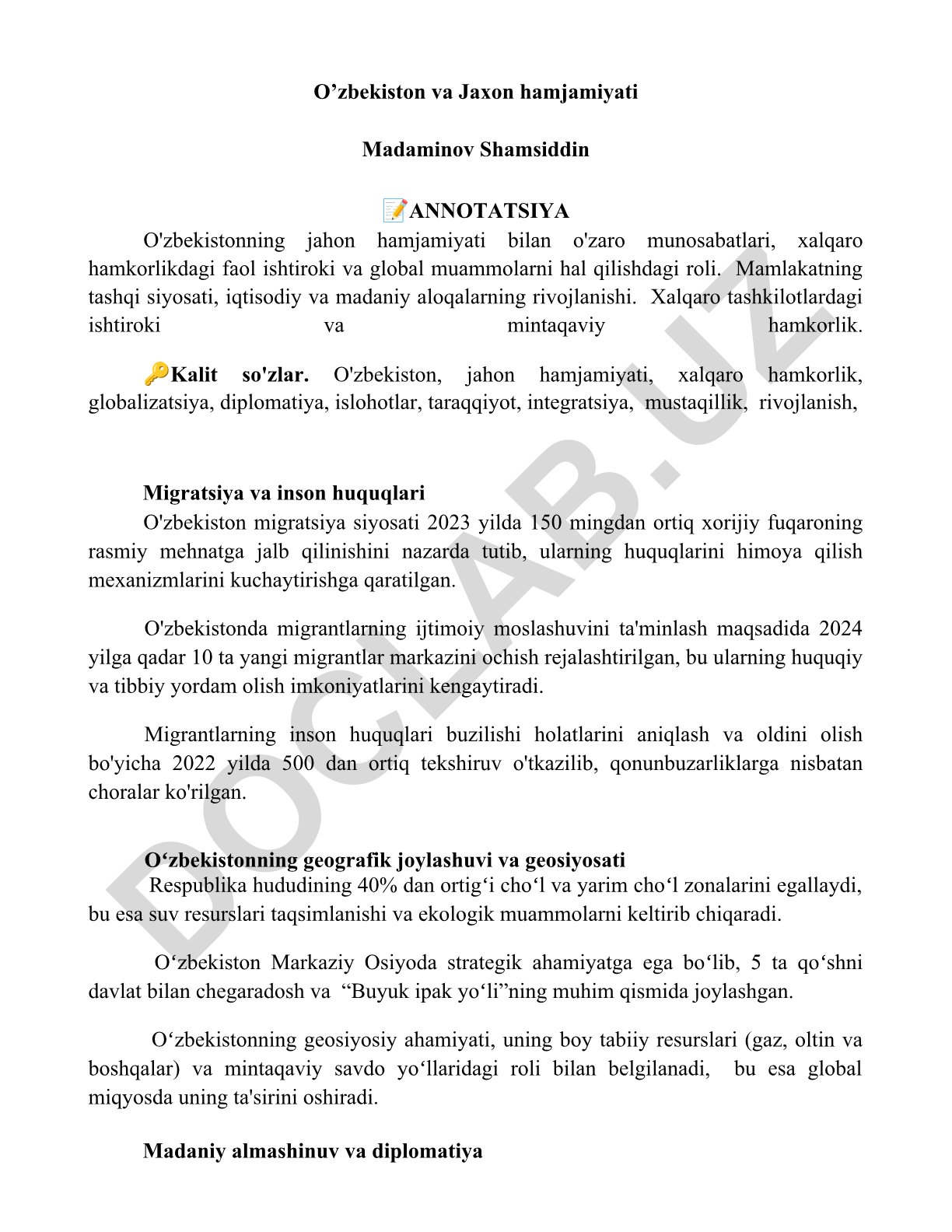 O'zbekistonning jahon hamjamiyati bilan munosabatlari va migratsiya siyosati