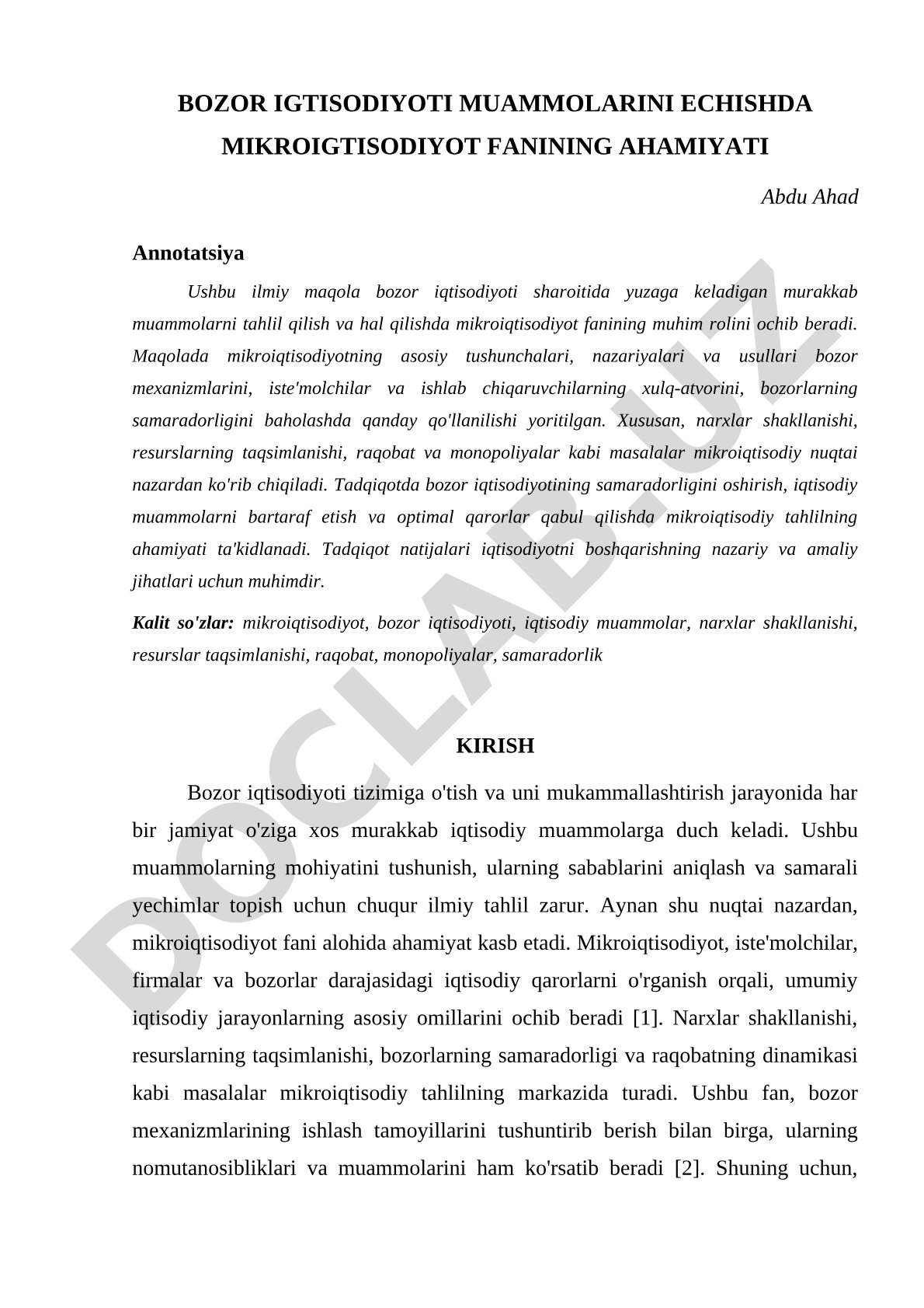 Bozor iqtisodiyoti muammolarini echishda mikroiqtisodiyot fanining ahamiyati