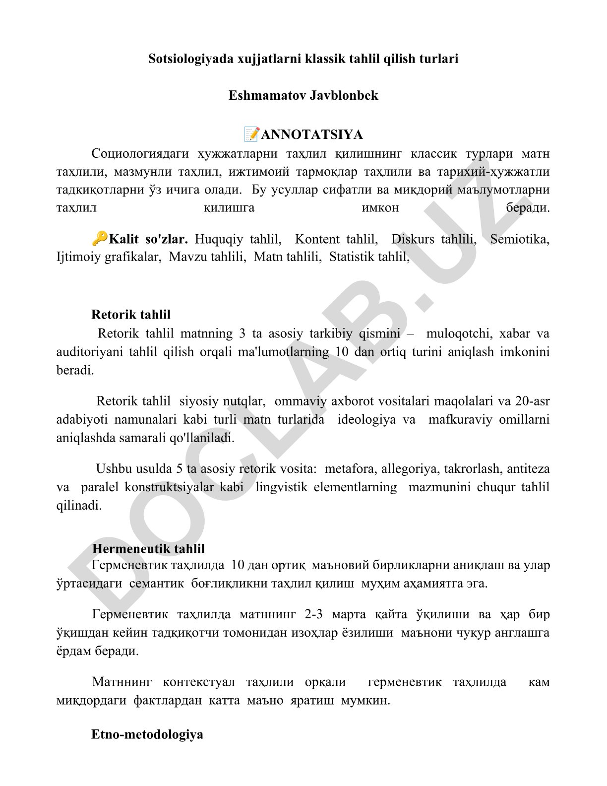 Sotsiologiyada hujjatlarni klassik tahlil qilish turlari