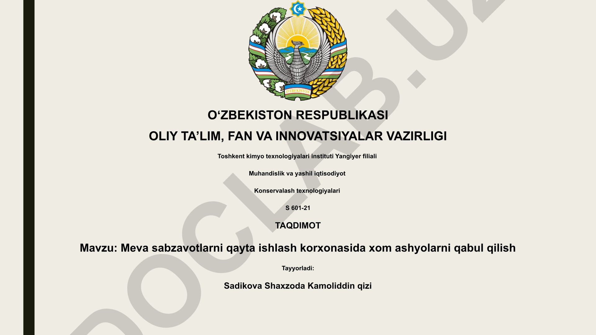 Meva sabzavotlarni qayta ishlash korxonasida xom ashyolarni qabul qilish