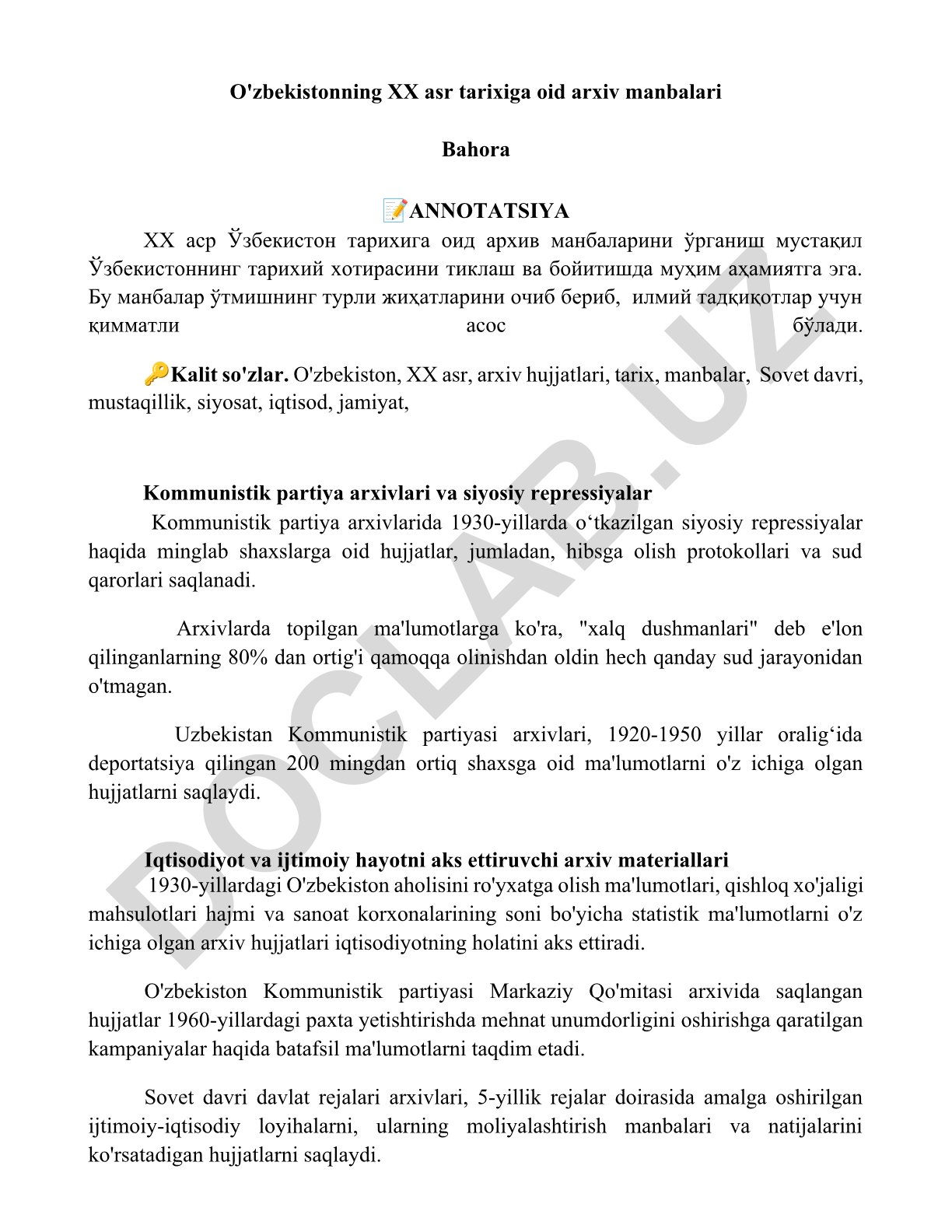 O'zbekistonning XX asr tarixiga oid arxiv manbalari