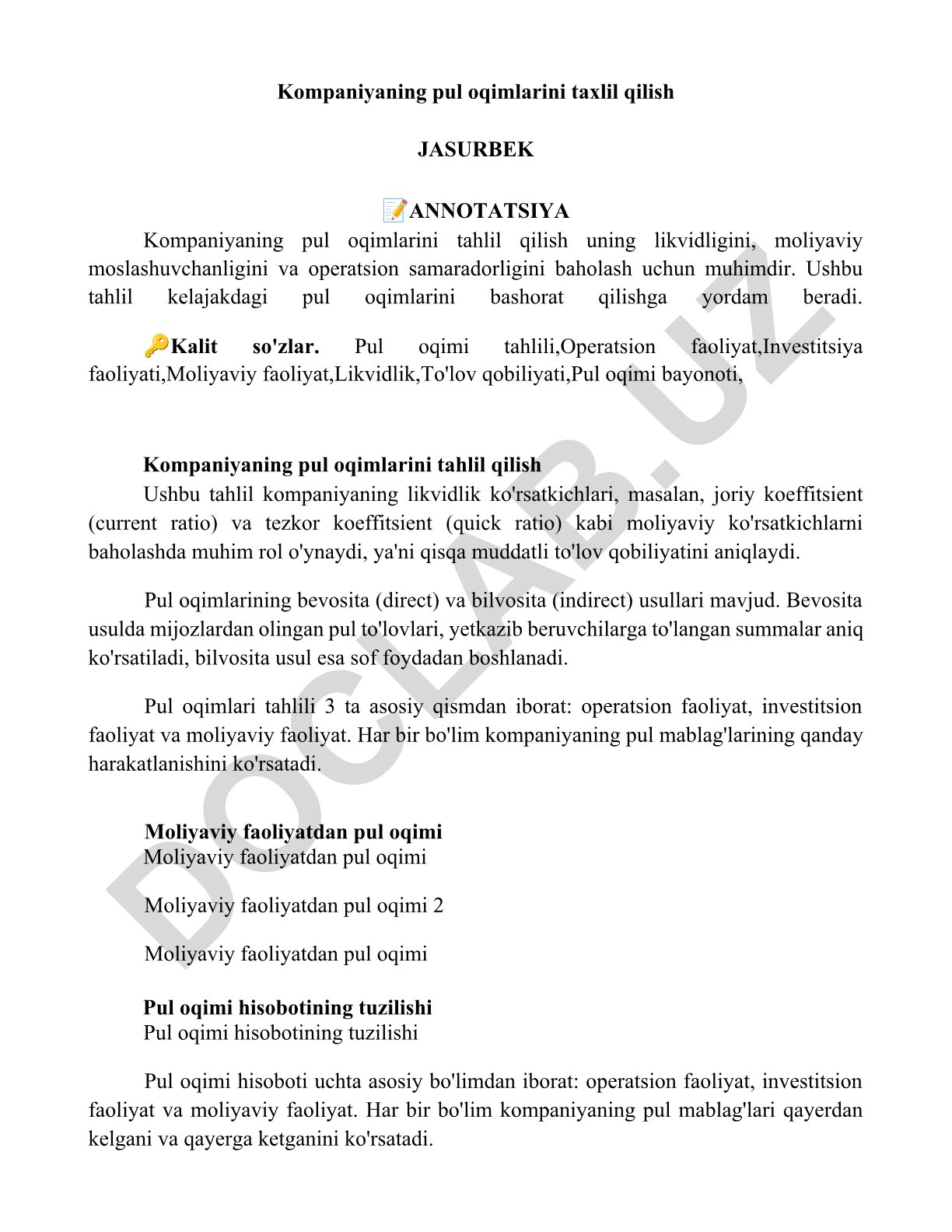 Kompaniyaning pul oqimlarini tahlil qilish