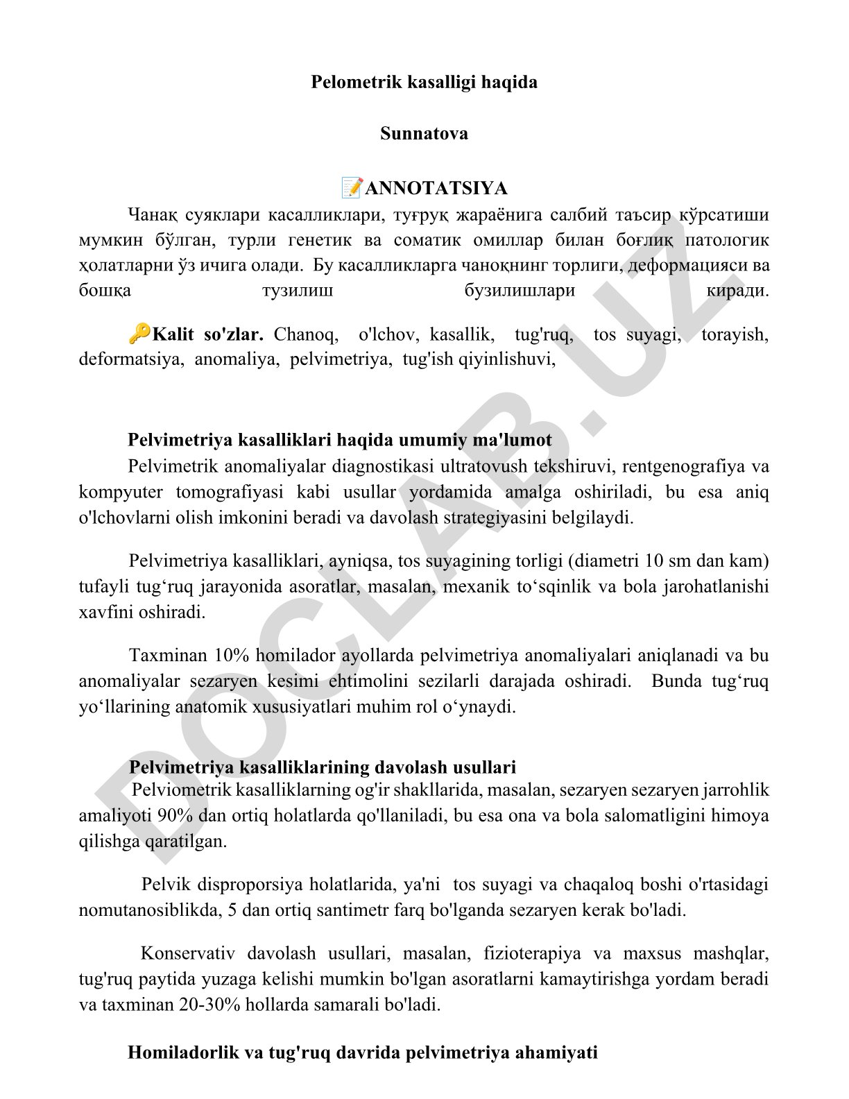Pelvimetrik kasalliklar va tug'ruq jarayoniga ta'siri