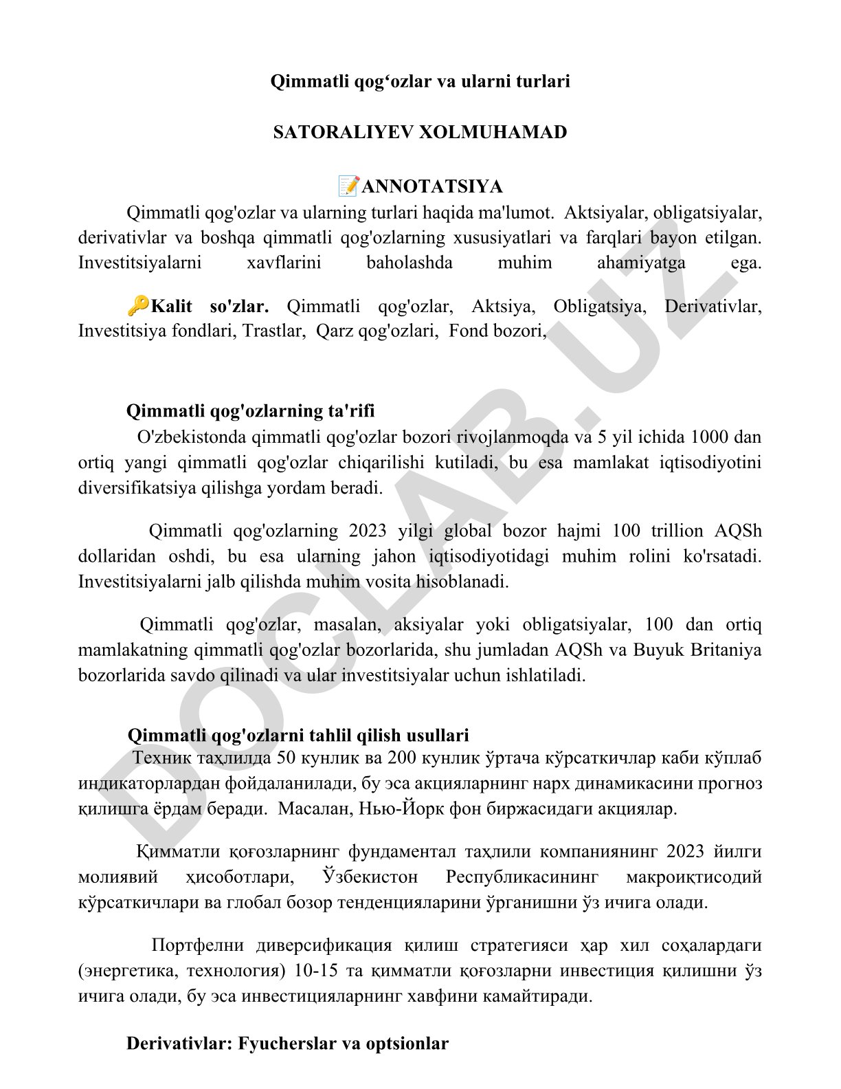 Qimmatli qog'ozlar va ularning turlari
