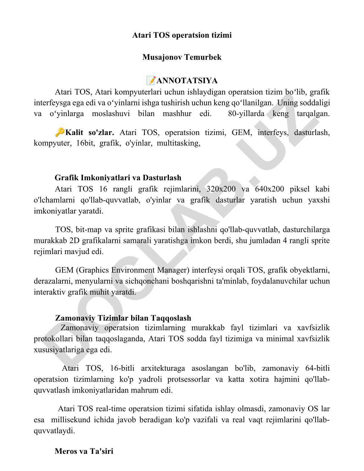 Atari TOS operatsion tizimi: grafik imkoniyatlari va dasturlash