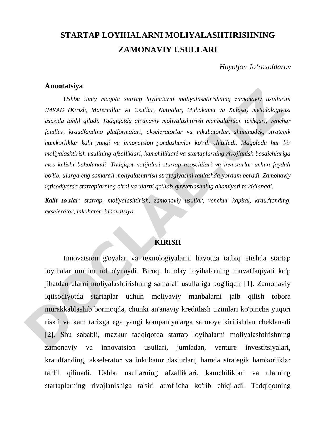 Startap loyihalarni moliyalashtirishning zamonaviy usullari