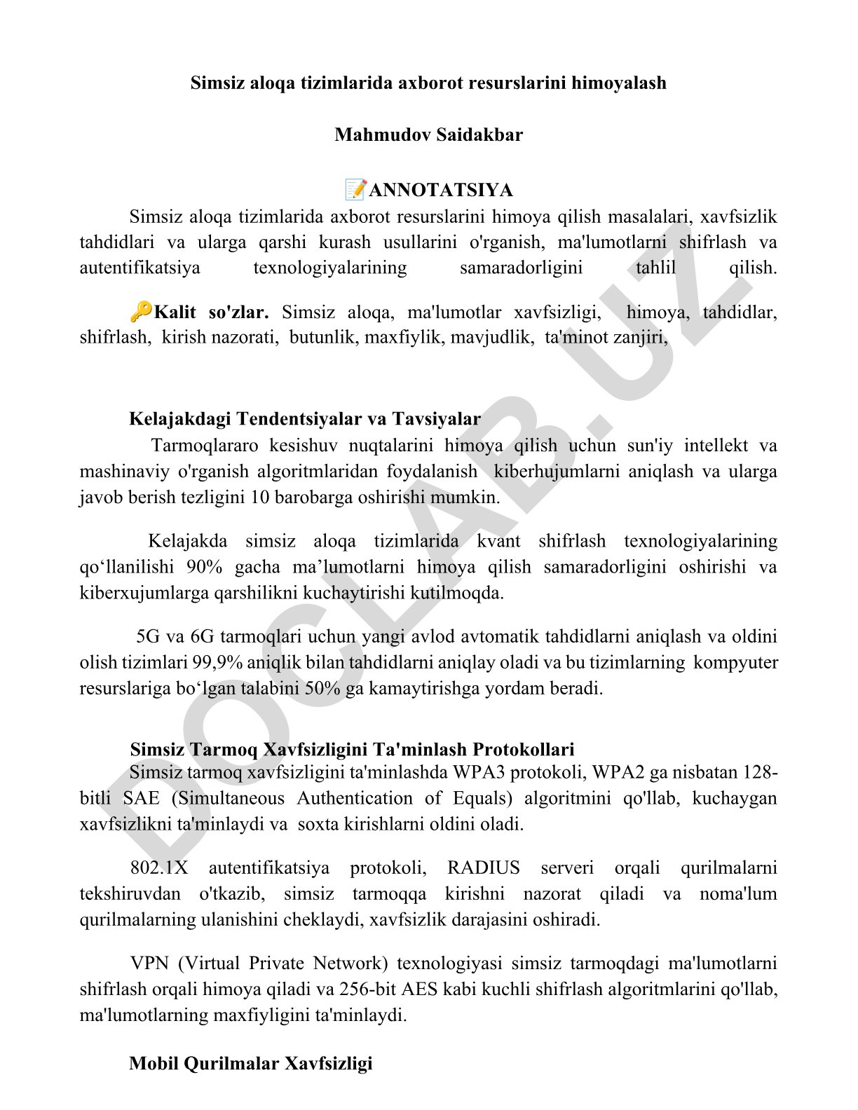 Simsiz aloqa tizimlarida axborot resurslarini himoyalash