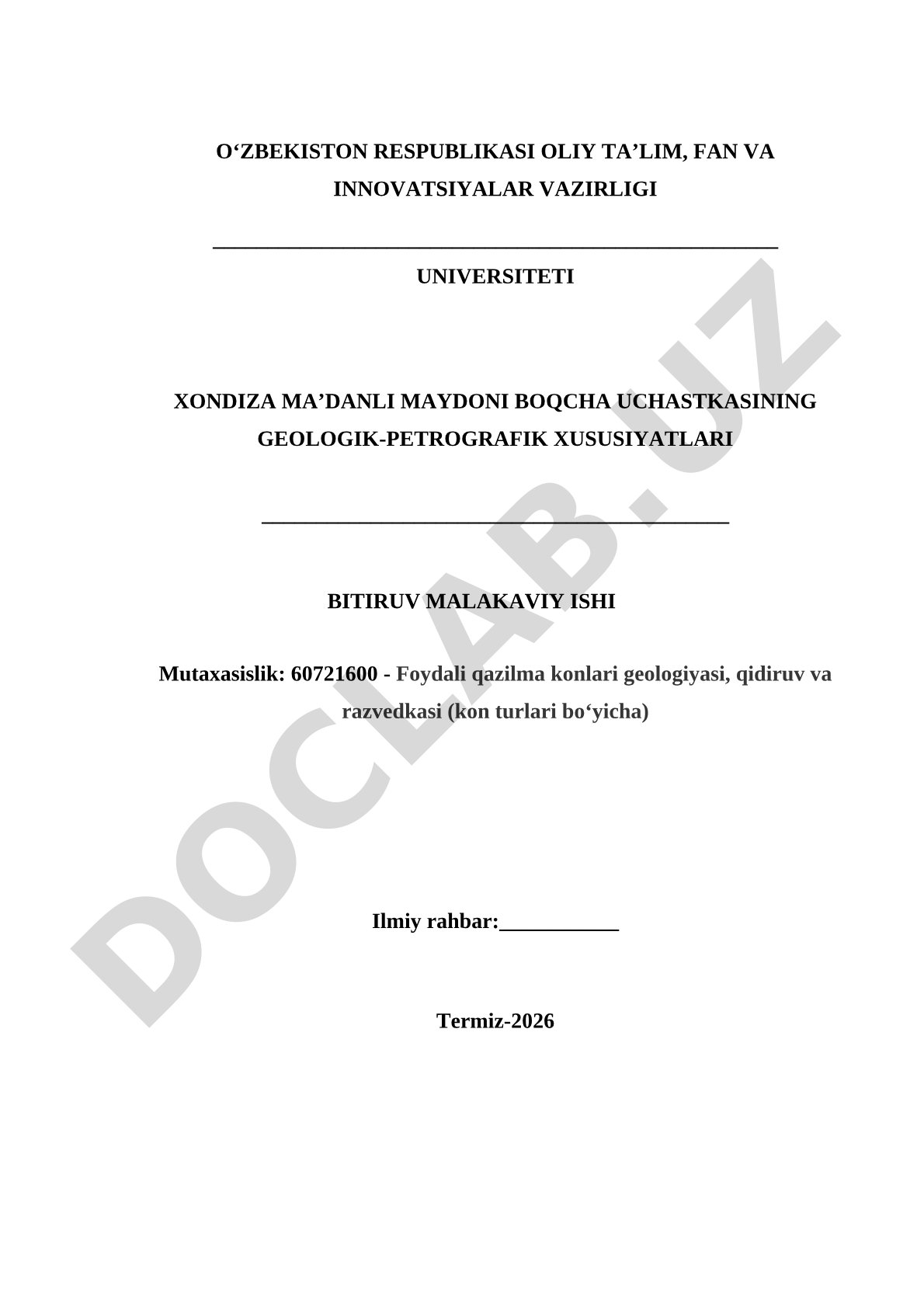 Xondiza ma’danli maydoni boqcha uchastkasining geologik-petrografik xususiyatlari