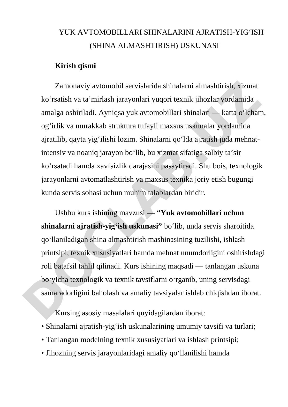 Yuk avtomobillari shinalarini ajratish-yig‘ish (shina almashtirish) uskunasi