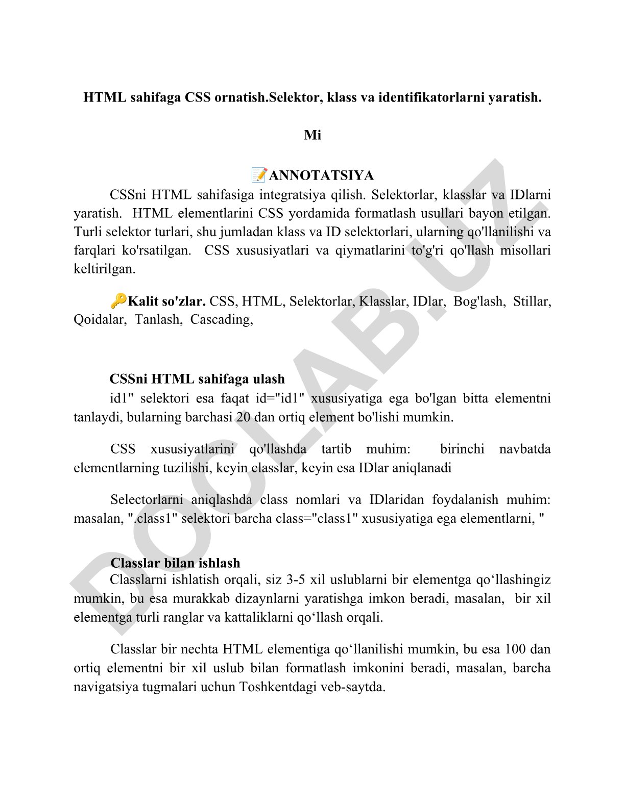 HTML sahifaga CSS ornatish va selektorlar bilan ishlash