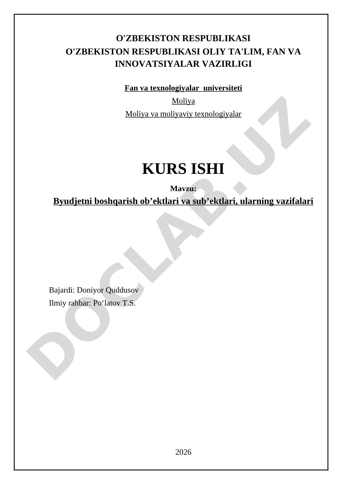 Byudjetni boshqarish ob’ektlari va sub’ektlari, ularning vazifalari