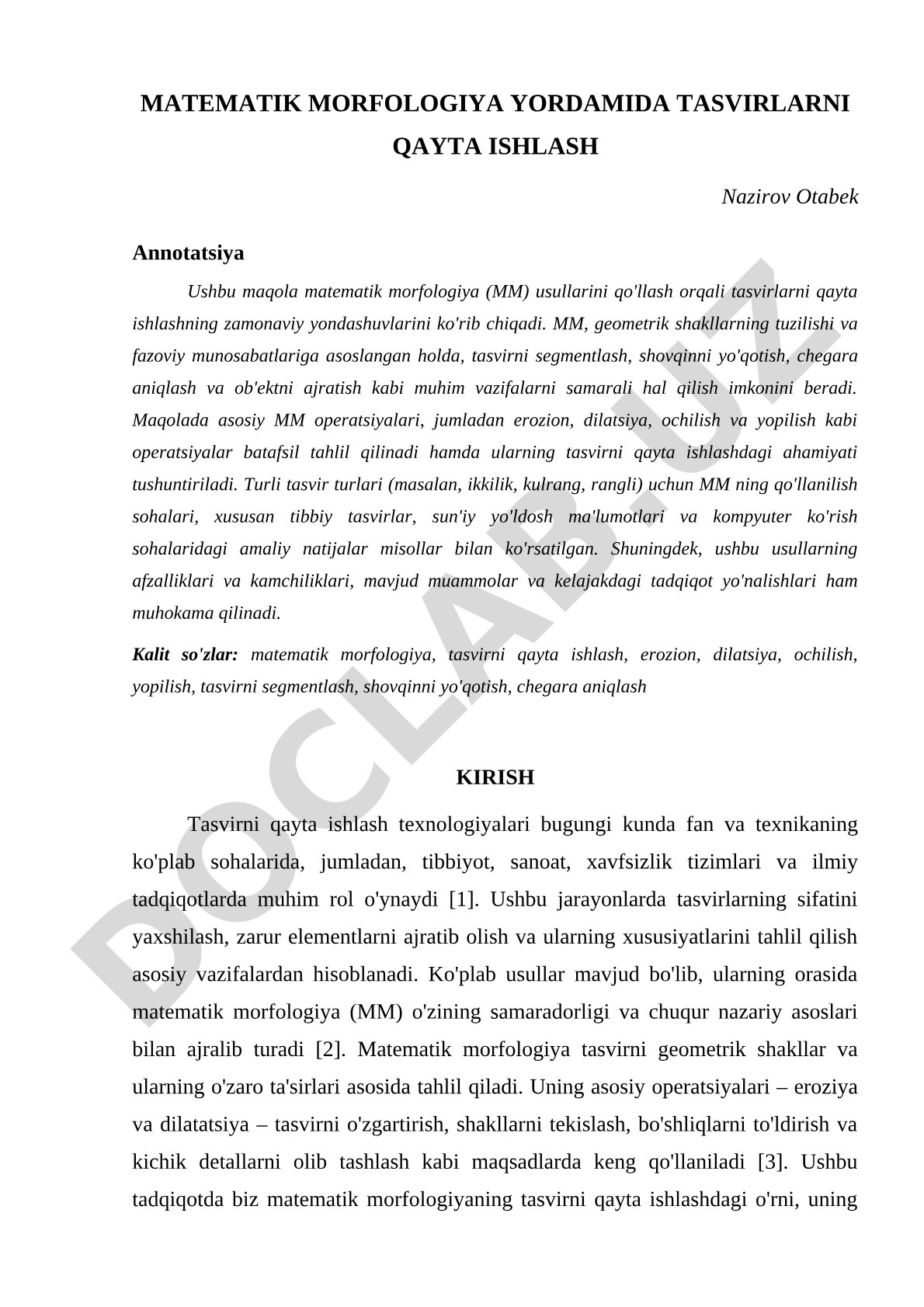 Matematik morfologiya yordamida tasvirlarni qayta ishlash