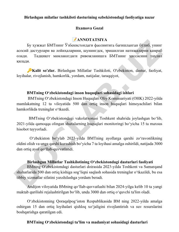 Birlashgan Millatlar Tashkilotining O'zbekistondagi faoliyati