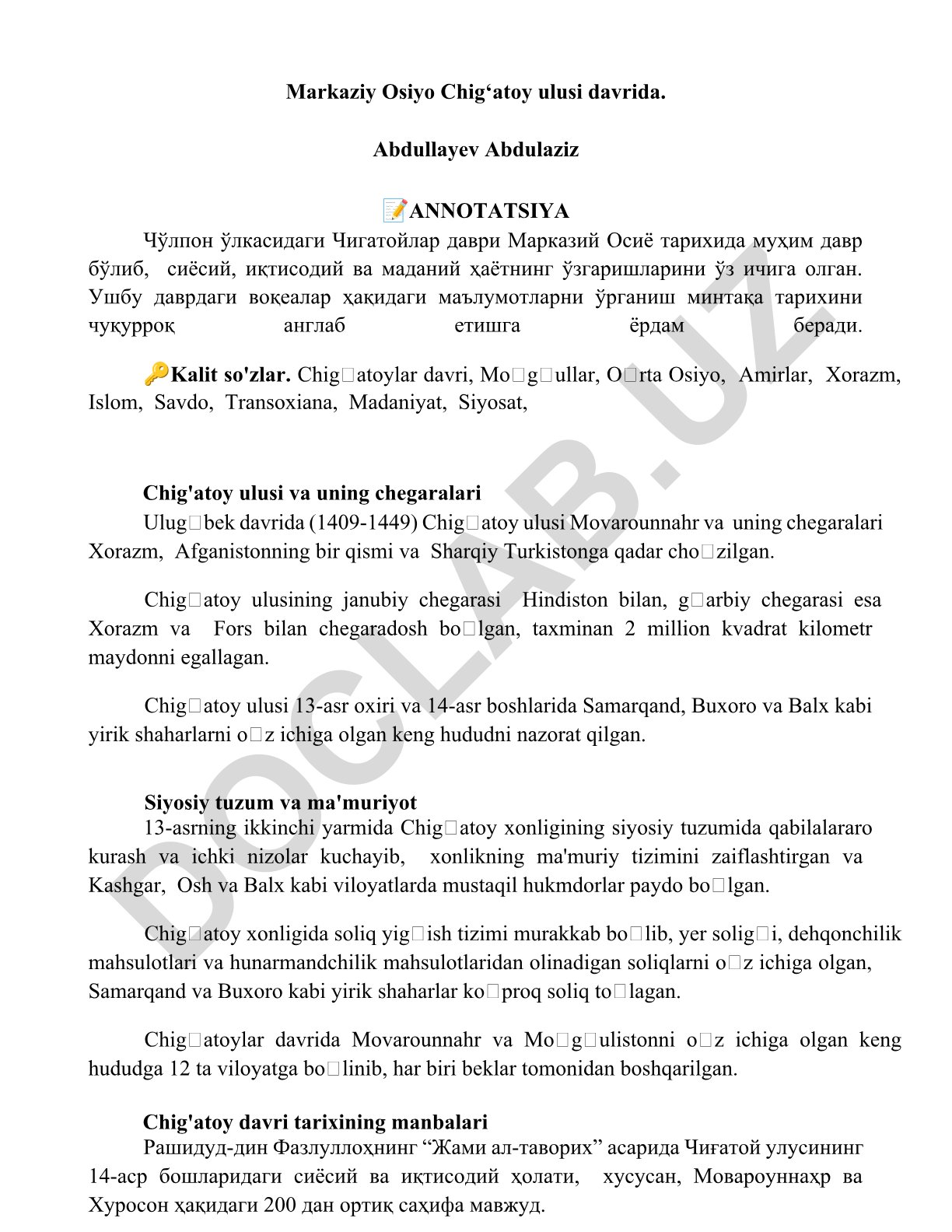 Markaziy Osiyo Chig‘atoy ulusi davri tarixi