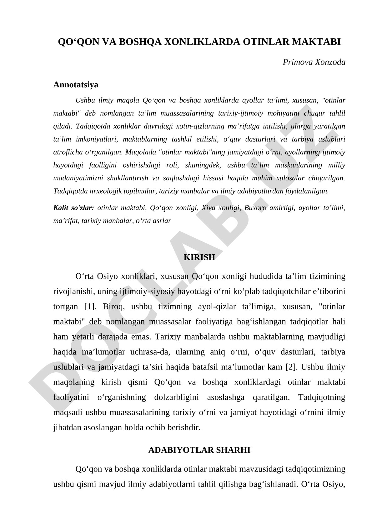 Qoʻqon va boshqa xonliklarda otinlar maktabi