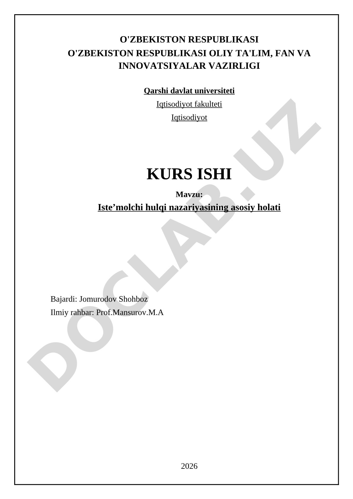 Iste'molchi hulqi nazariyasining asosiy holati