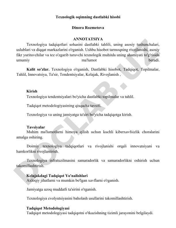 Texnologik oqimning dastlabki hisobi