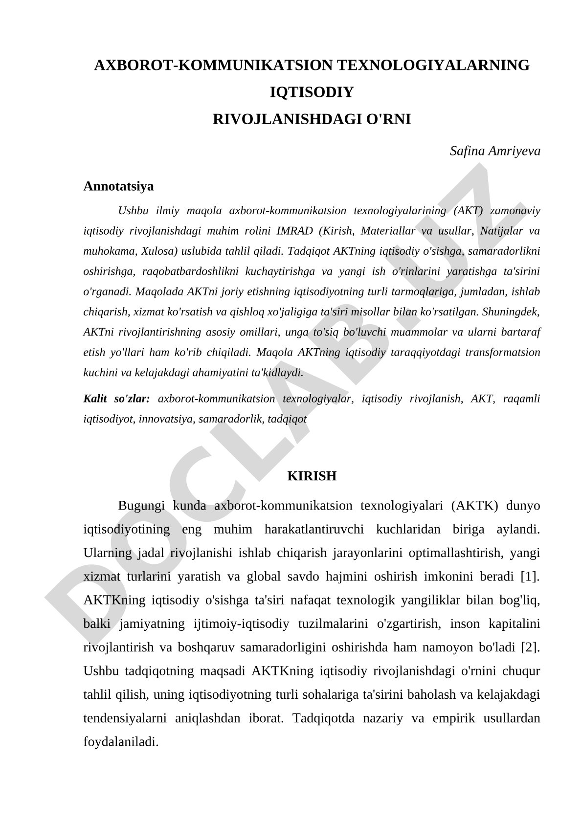Axborot-kommunikatsion texnologiyalarning iqtisodiy rivojlanishdagi o'rni