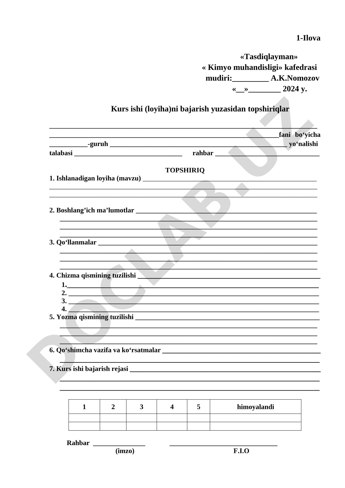 Kimyo muhandisligi kurs ishi topshirig'i