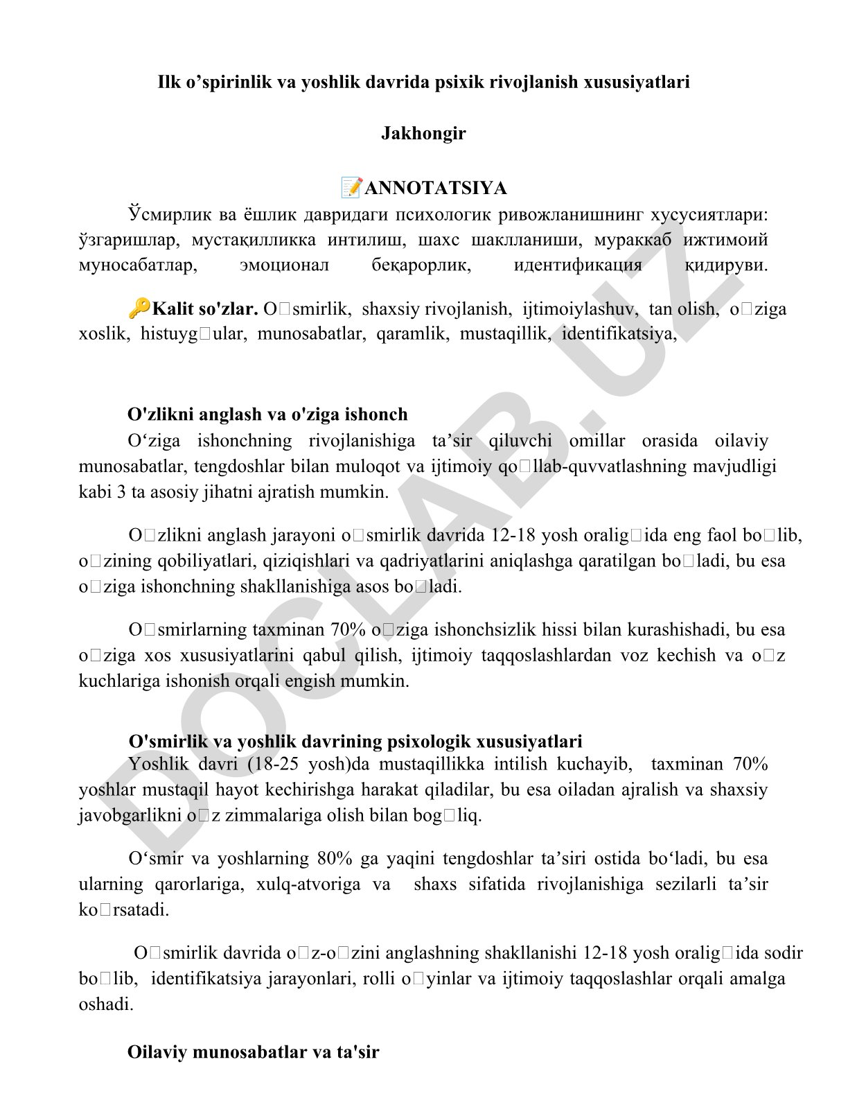 Ilk o'spirinlik va yoshlik davrida psixik rivojlanish xususiyatlari