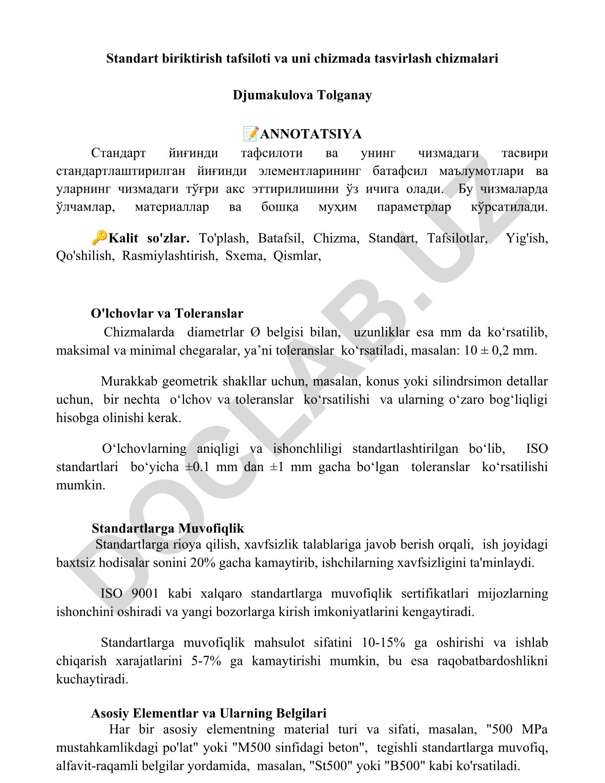 Standart yigʻindi tafsilotlari va chizmadagi tasviri