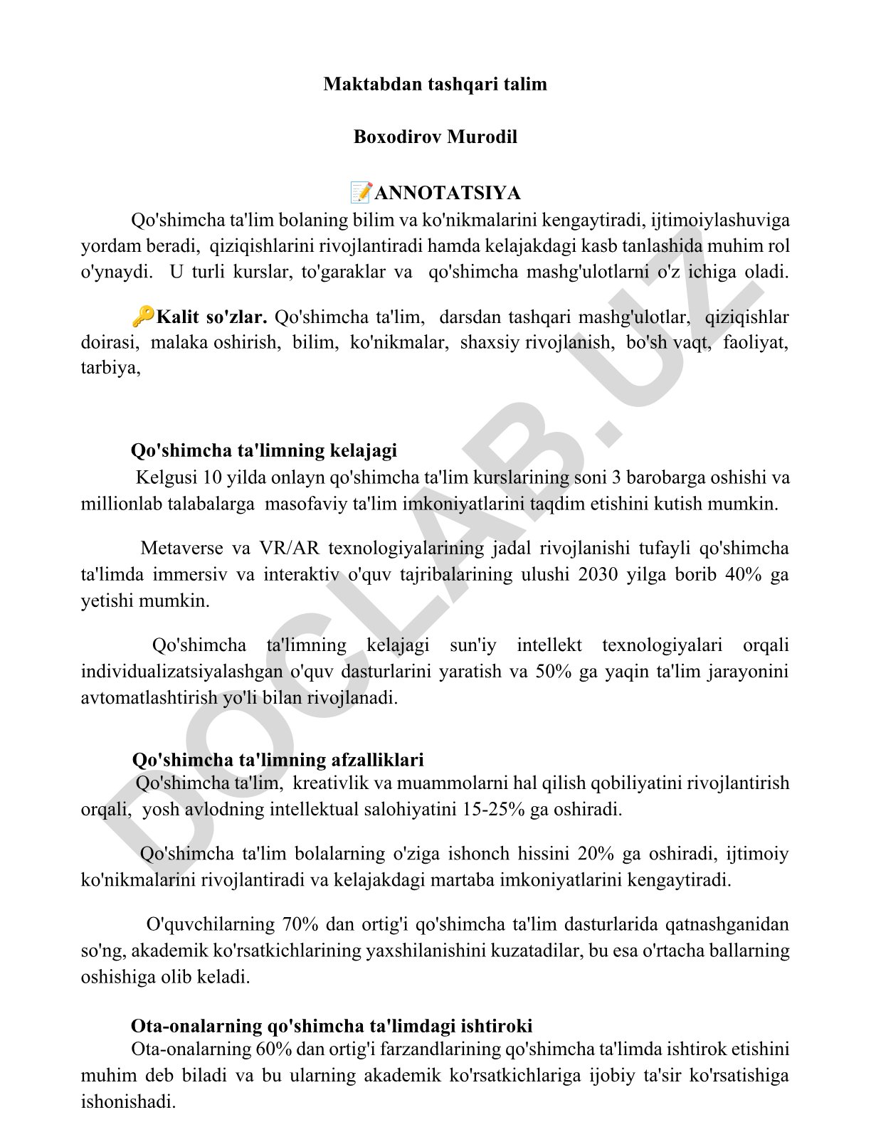 Qo'shimcha ta'limning bolalar rivojlanishidagi ahamiyati va kelajagi