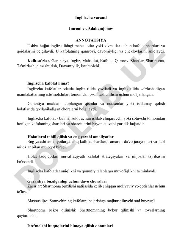 Ingliz tilidagi mahsulotlar uchun kafolat shartlari va qoidalari