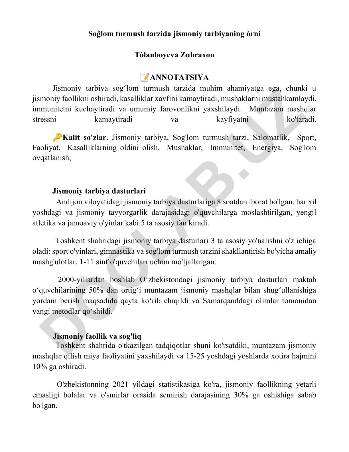 Soğlom turmush tarzida jismoniy tarbiyaning o'rni