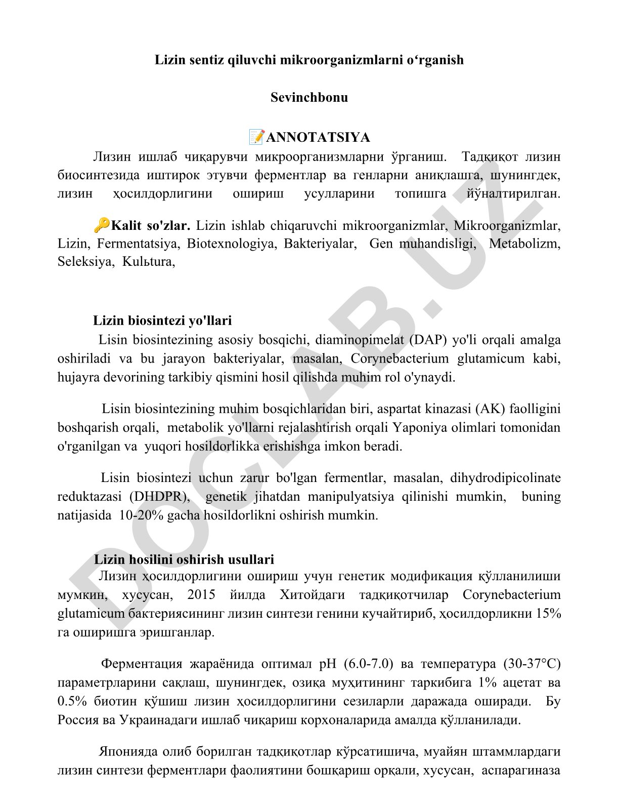 Lizin sentiz qiluvchi mikroorganizmlarni oʻrganish