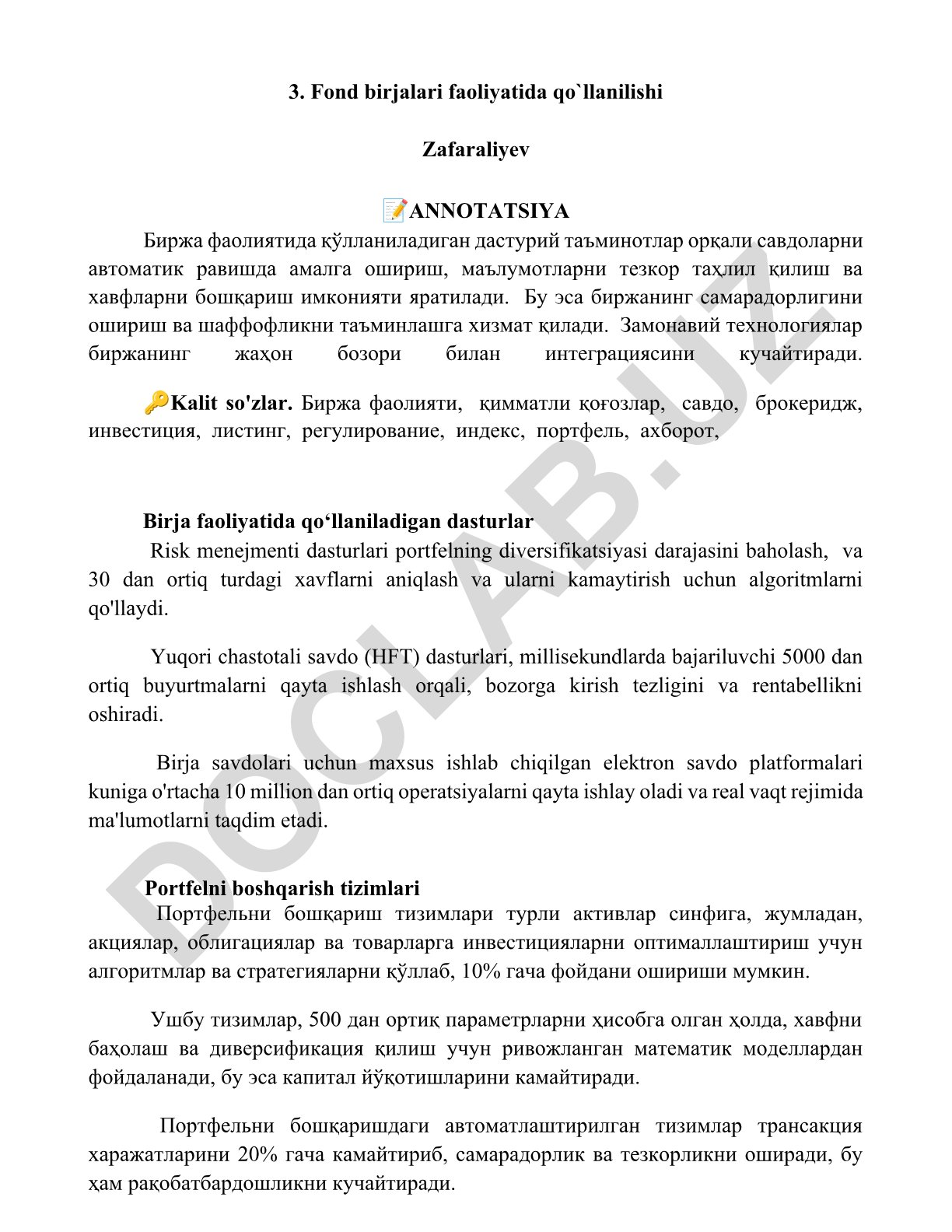 Fond birjalari faoliyatida qo‘llaniladigan dasturiy ta’minotlar