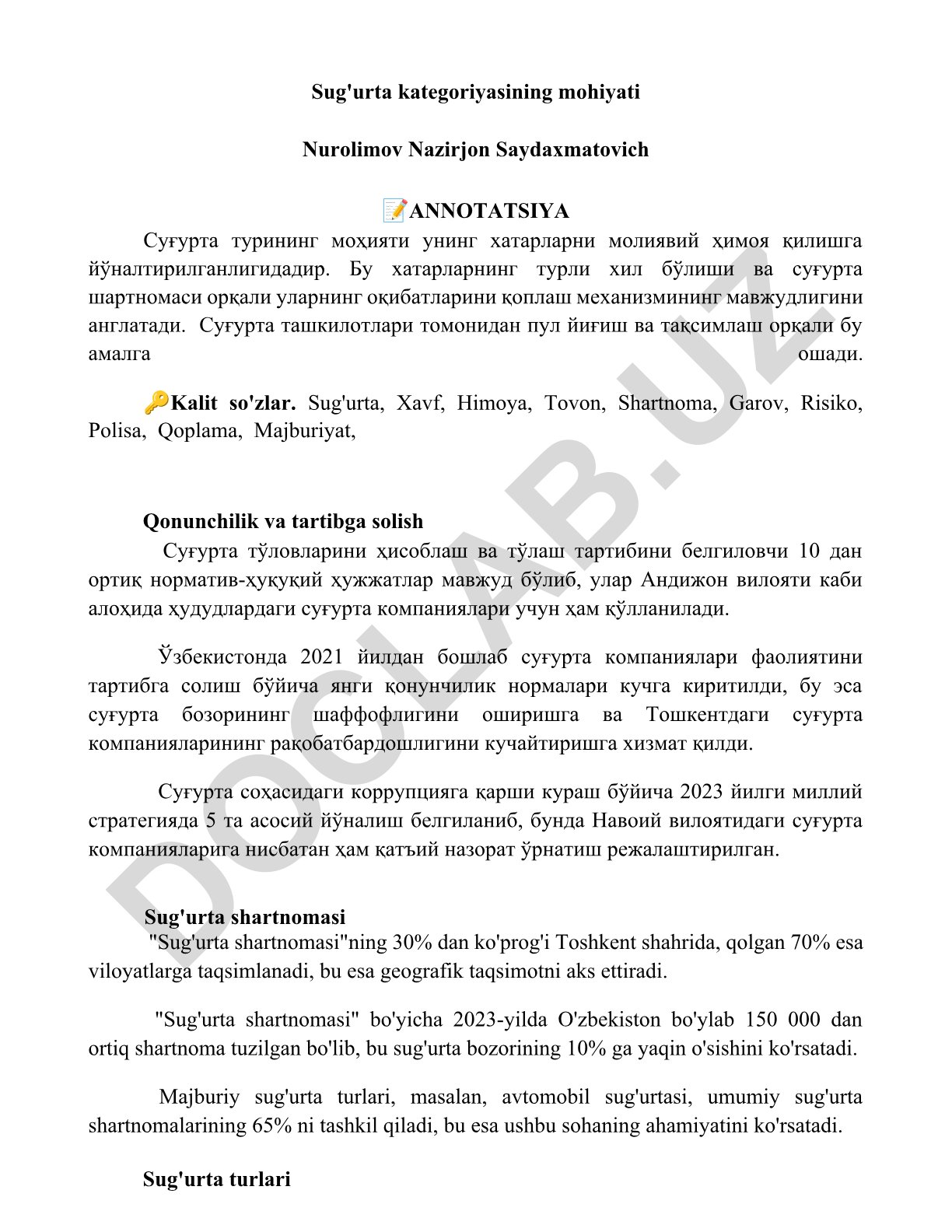 Sug'urta kategoriyasining mohiyati