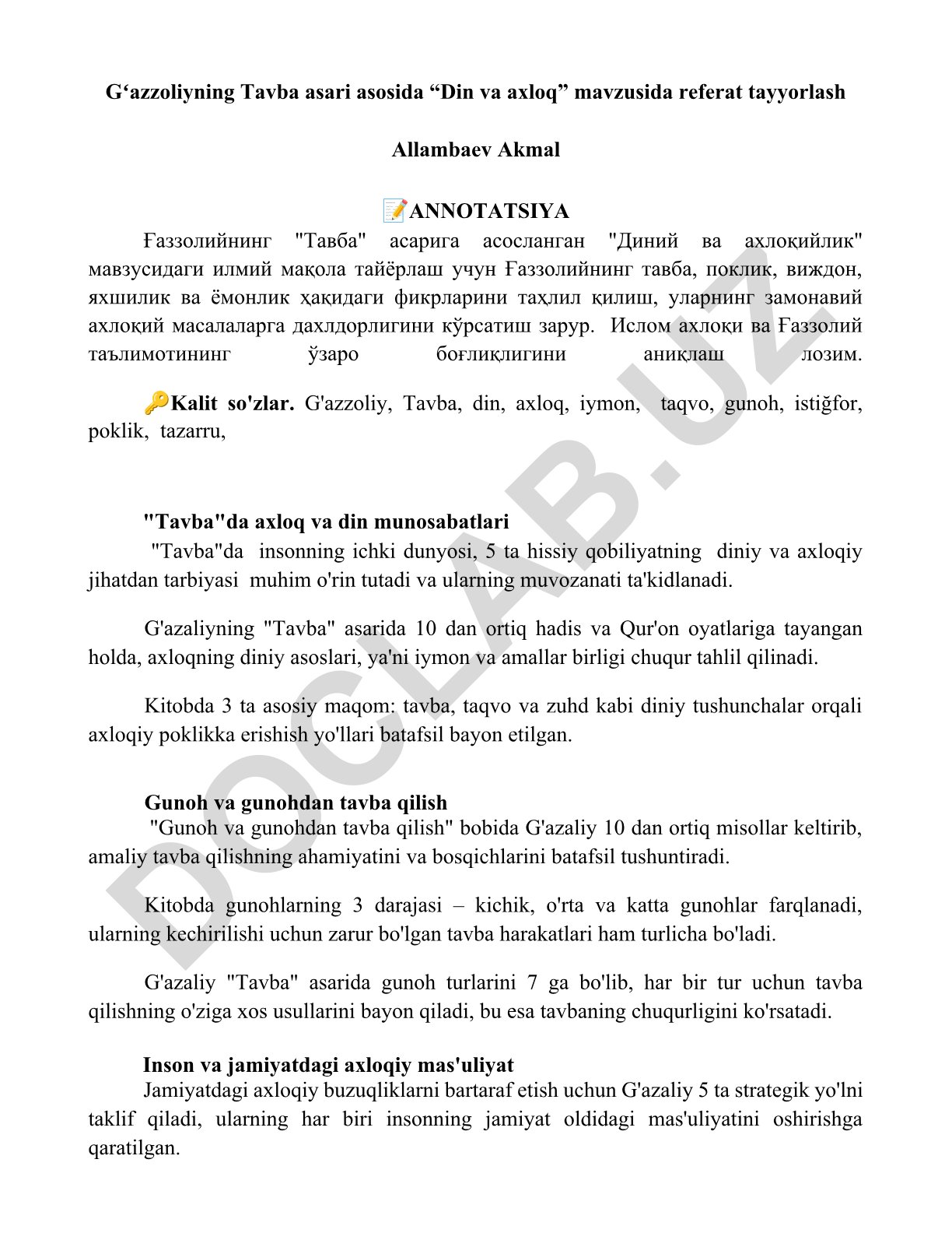 G'azzoliyning Tavba asari asosida Din va axloq mavzusi