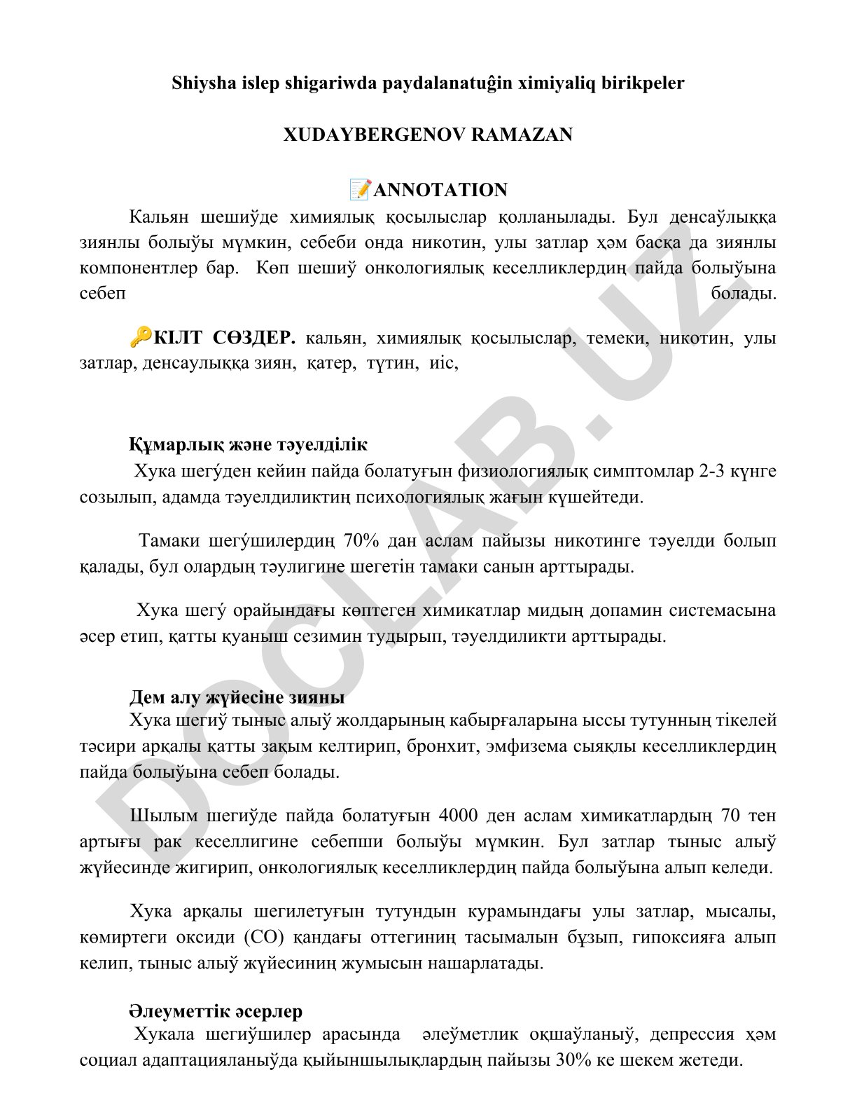 Kalyanda qollanılatug'ın ximiyalıq birikpeler hám olardıń densaqlıqqa ziyanlı áhmiyeti