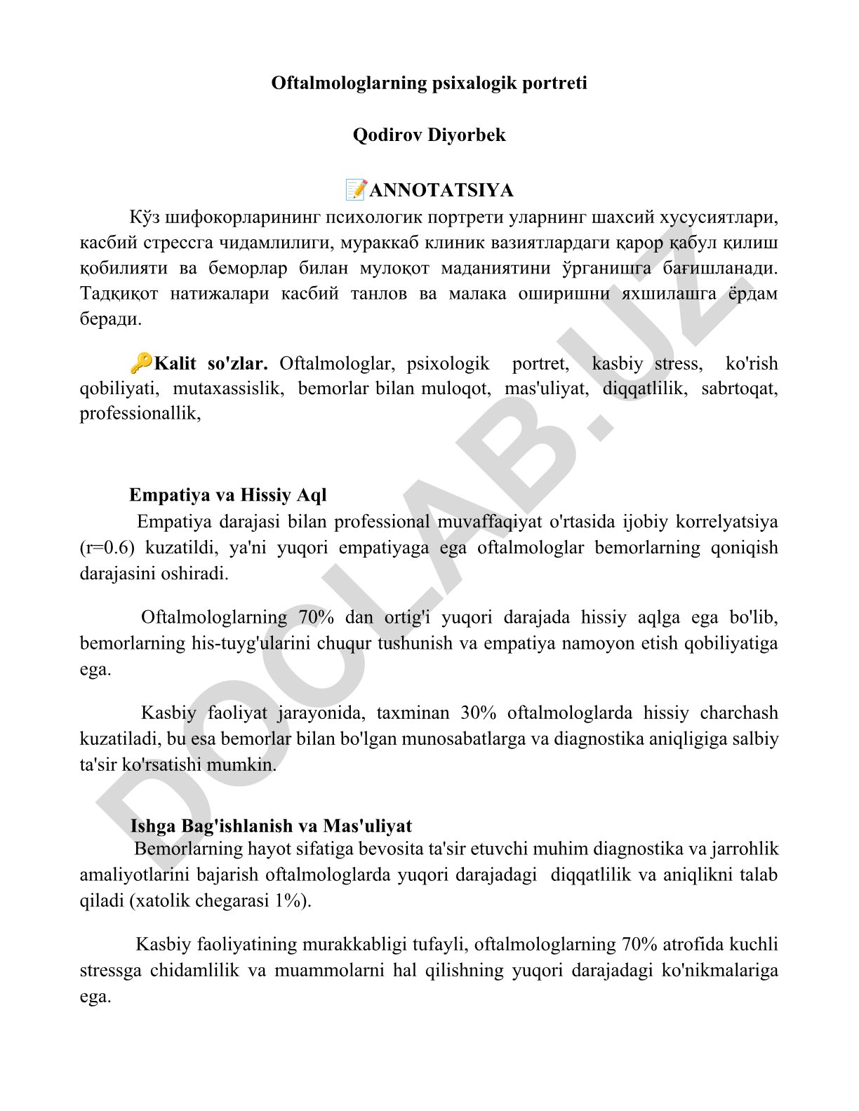 Oftalmologlarning psixologik portreti