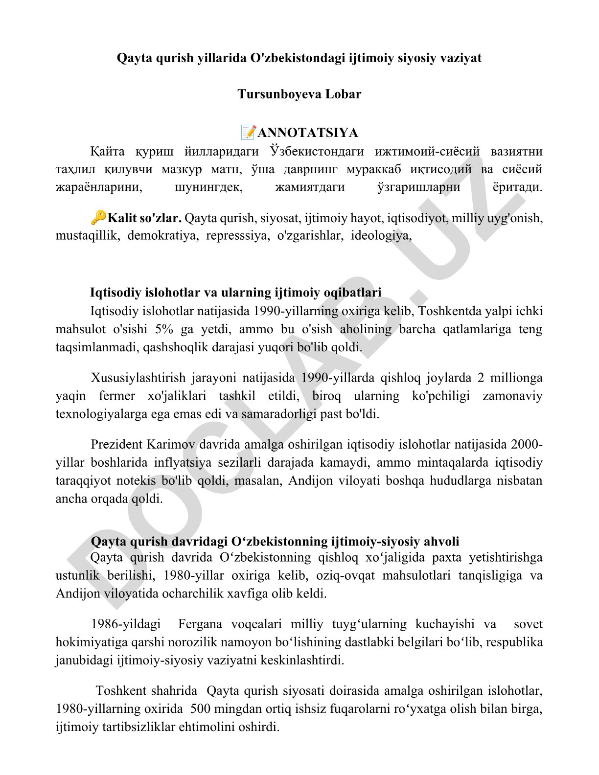 Qayta qurish yillarida O'zbekistondagi ijtimoiy siyosiy vaziyat