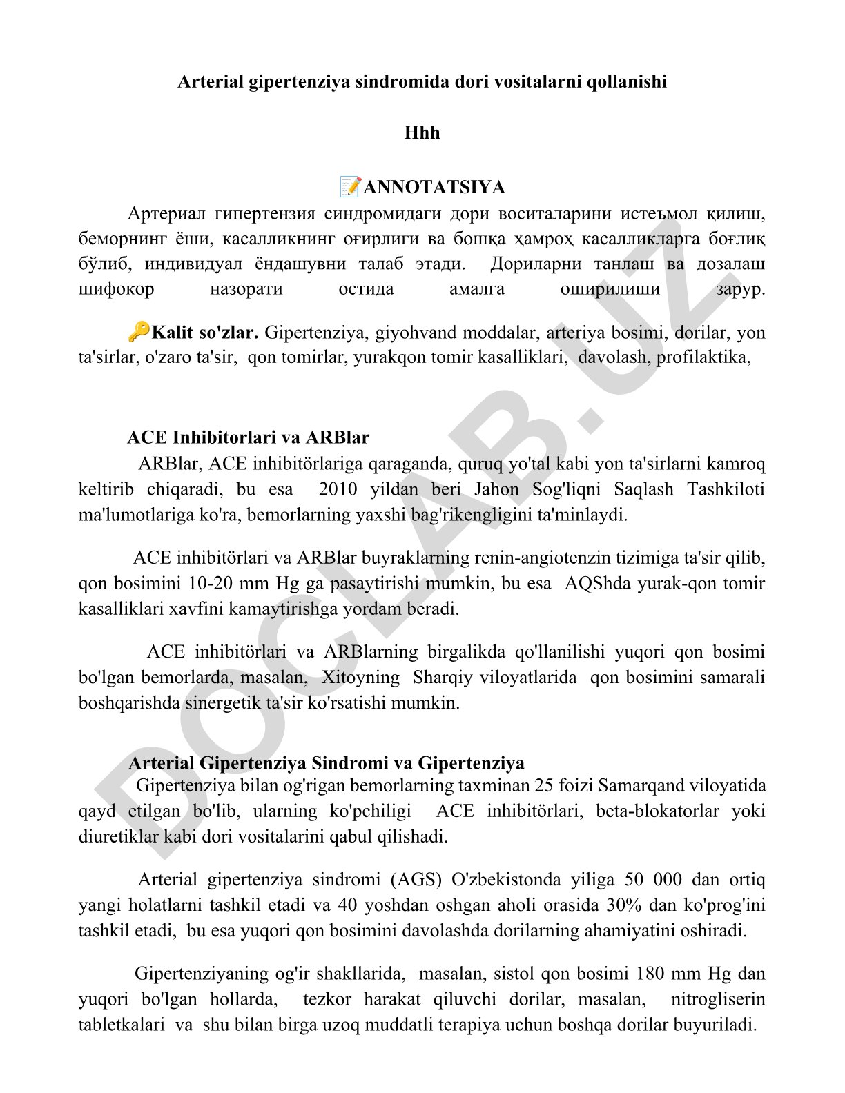 Arterial gipertenziya sindromida dori vositalarni qo'llanishi