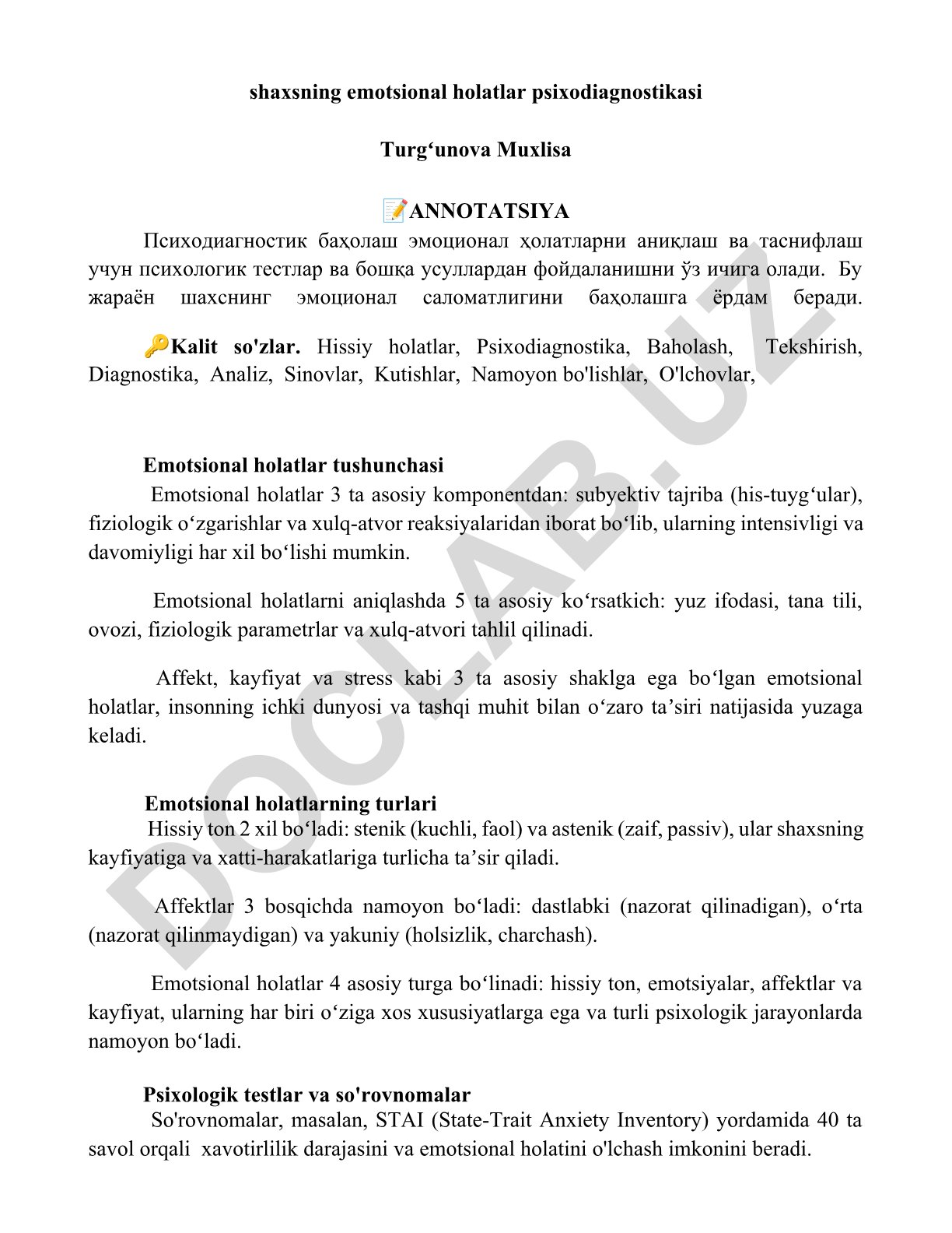 Shaxsning emotsional holatlar psixodiagnostikasi