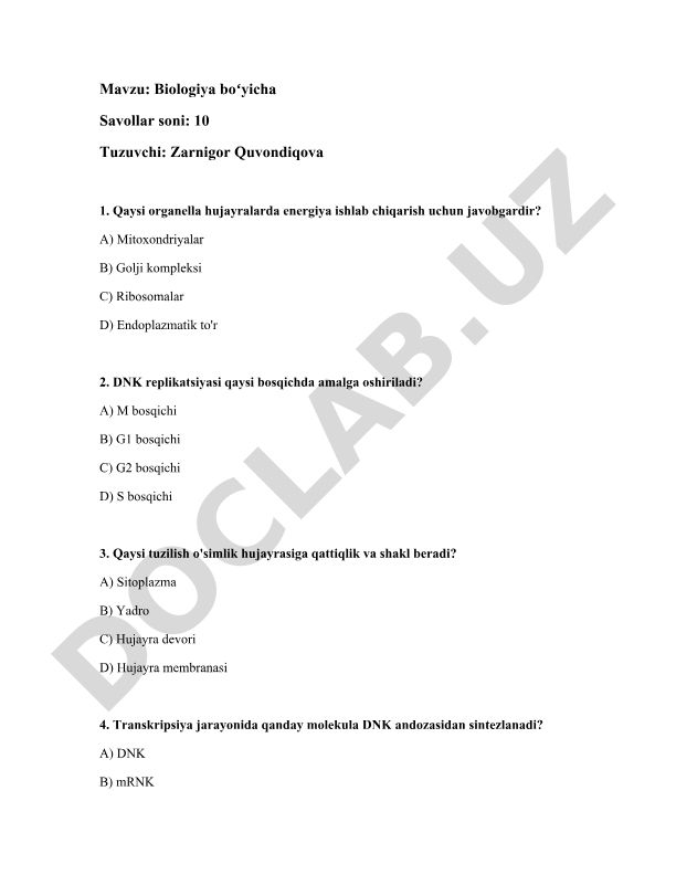 Biologiya boʻyicha test savollari